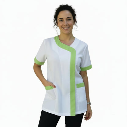 Camice da Lavoro Donna Mod. Beauty Bianco Inserto Verde Manica Corta – COD: 290722
