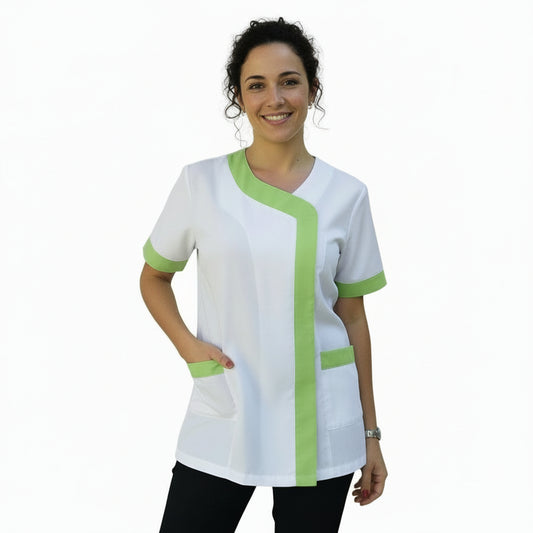 Camice da Lavoro Donna Mod. Beauty Bianco Inserto Verde Manica Corta – COD: 290722
