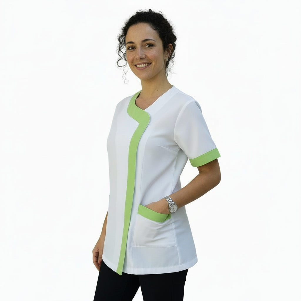 Camice da Lavoro Donna Mod. Beauty Bianco Inserto Verde Manica Corta – COD: 290722
