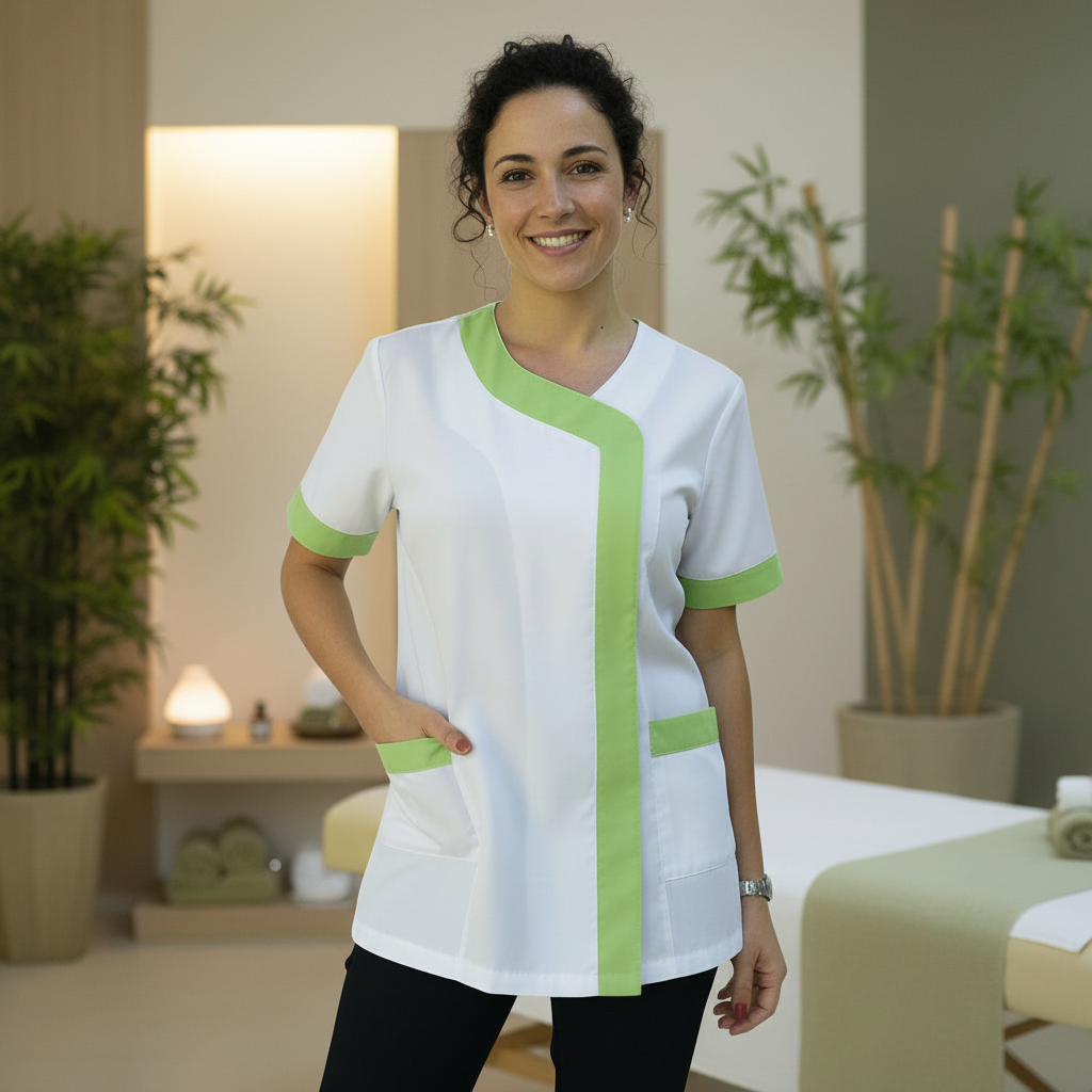Camice da Lavoro Donna Mod. Beauty Bianco Inserto Verde Manica Corta – COD: 290722