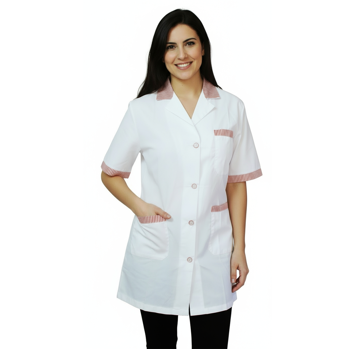 Casacca,camice da lavoro, bianco profilo rosso MM corto cod: 121019