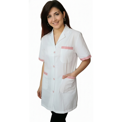 Casacca,camice da lavoro, bianco profilo rosso MM corto cod: 121019