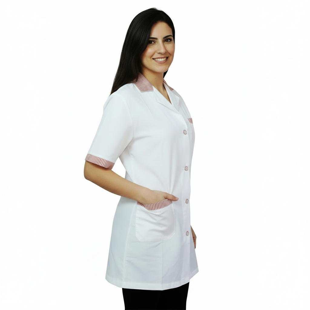 Casacca,camice da lavoro, bianco profilo rosso MM corto cod: 121019