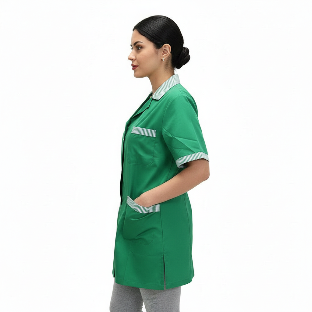 Camice da lavoro donna, casacca verde con profilo MM cod: 7708
