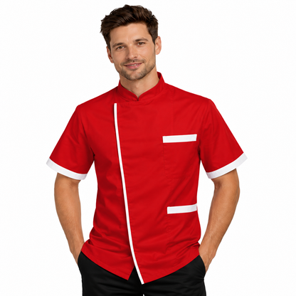Giacca da chef 78525 rossa con dettagli bianchi e maniche corte, vista frontale.