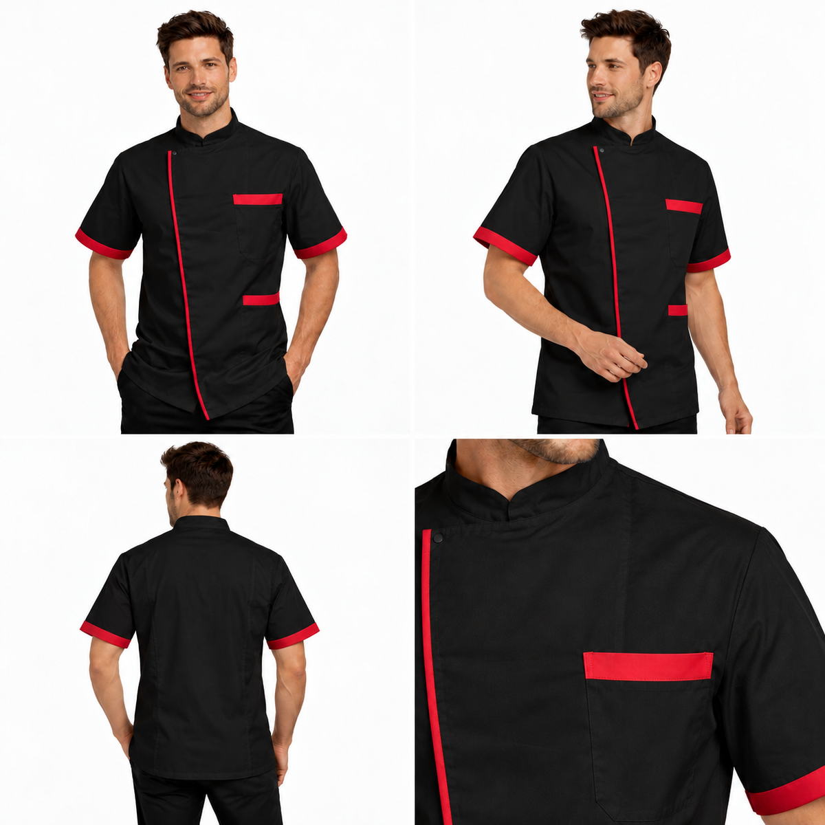 Giacca da chef 78524 nero-rosso, viste frontale, di tre quarti e posteriore con dettaglio del taschino.