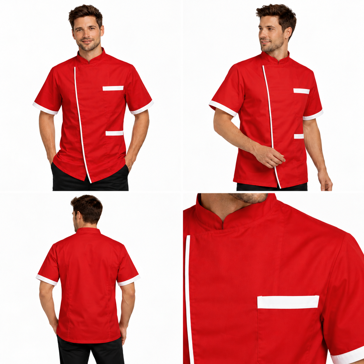 Giacca da chef 78525 rosso-bianco, viste frontale, di tre quarti e posteriore con dettaglio del taschino