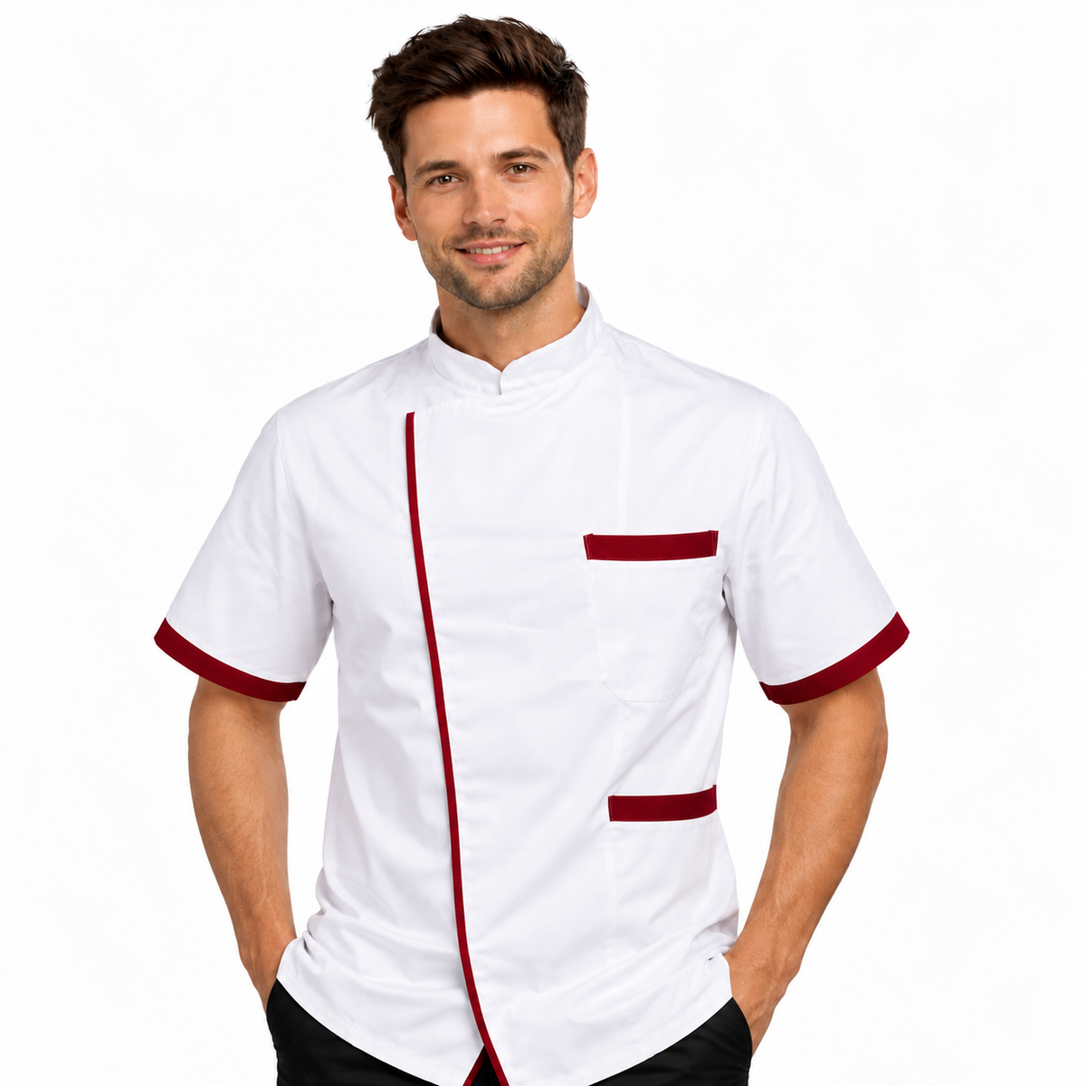 Giacca da chef bianco-bordeaux a manica corta Made in Italy | COD. 78522