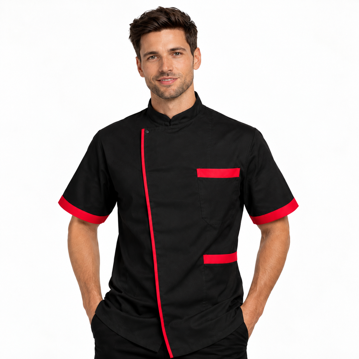 Giacca da chef 78524 nera con dettagli rossi e maniche corte, vista frontale.