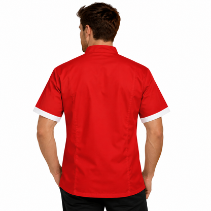 Giacca da chef 78525 rossa con bordi bianchi sulle maniche corte, vista posteriore.