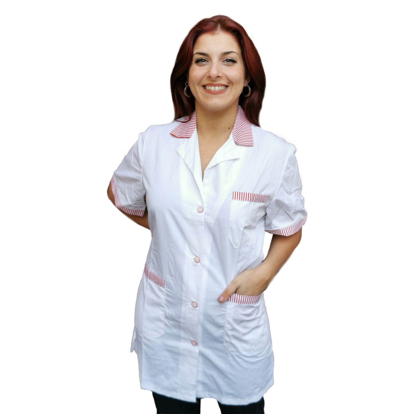 Casacca,camice da lavoro, bianco profilo rosso MM corto cod: 121019