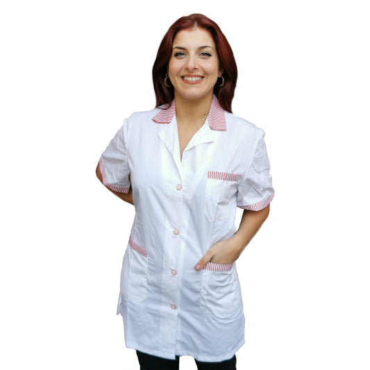 Casacca,camice da lavoro, bianco profilo rosso MM corto cod: 121019