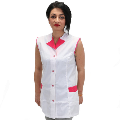 Casacca,camice da lavoro giromanica, bianco inserto "fuchsia" Cod:7036