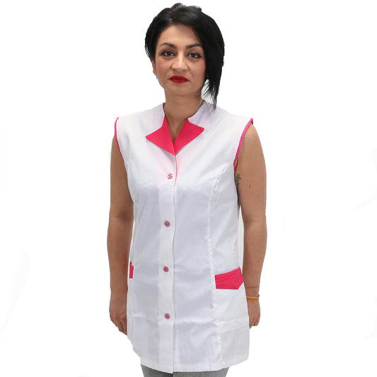 Casacca,camice da lavoro giromanica, bianco inserto "fuchsia" Cod:7036