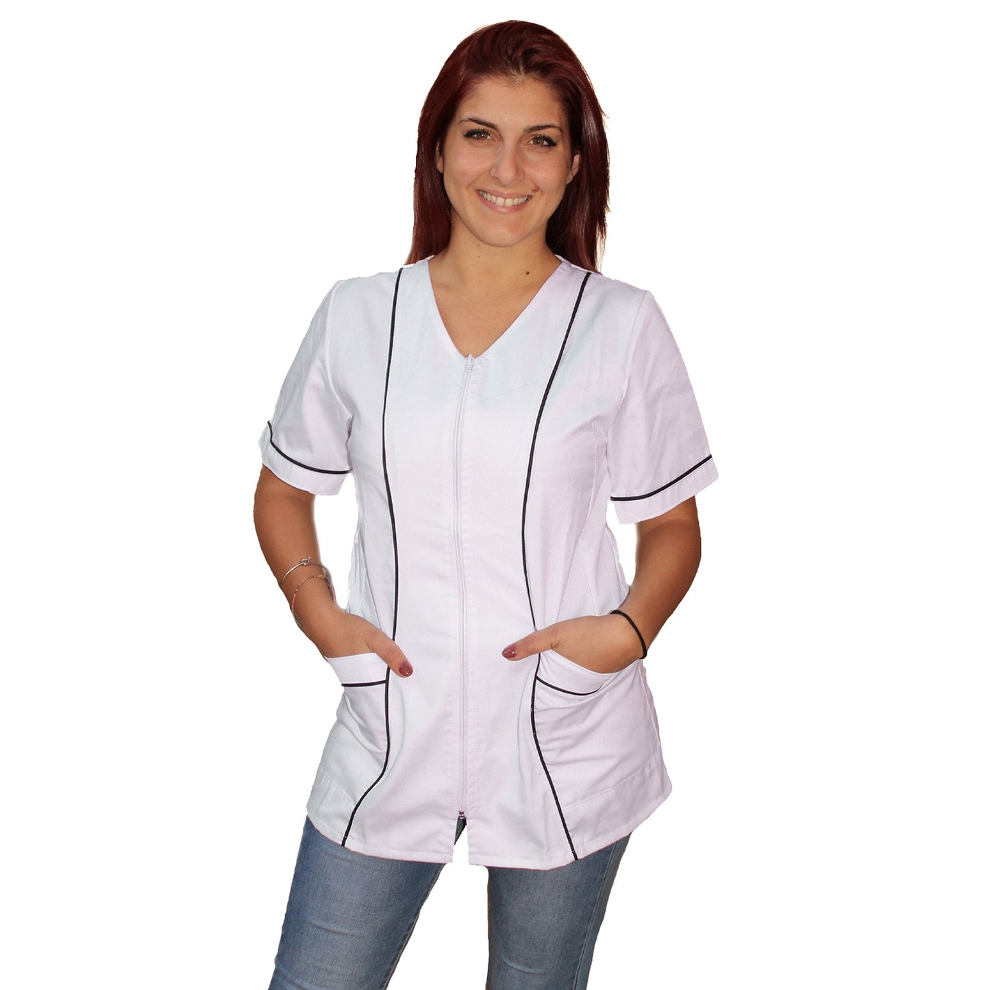 Camice da lavoro,casacca zip donna, bianco con profilo mod. "rosaria" COD: 7203