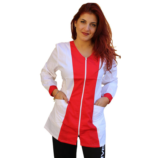 Casacca,camice da lavoro con zip, manica lunga bicolore "rosso" Cod:2206