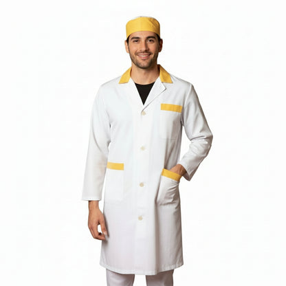 Camice da lavoro uomo, bianco con profilo colorato "giallo", cod:7969