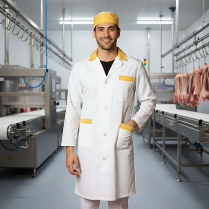 Camice da lavoro uomo, bianco con profilo colorato "giallo", cod:7969