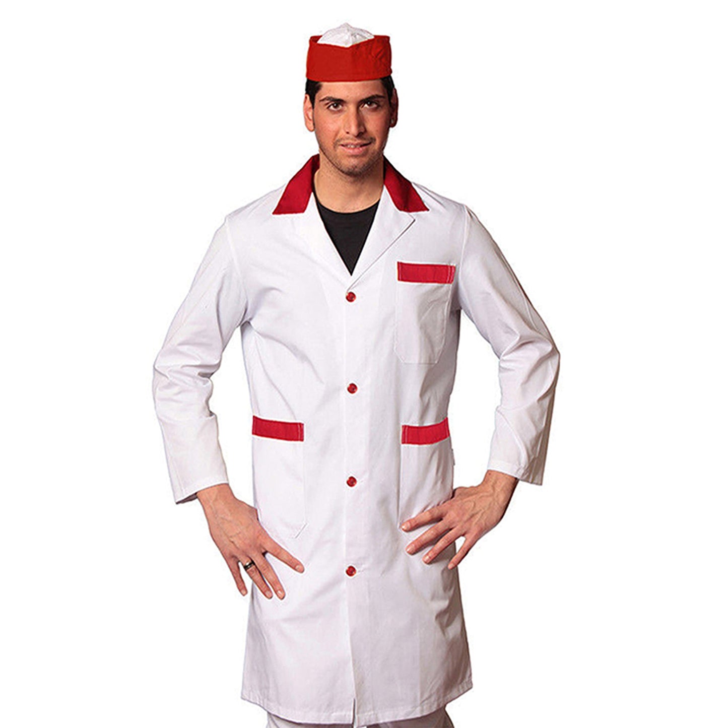 Camice da lavoro uomo, bianco con profilo colorato "ROSSO" cod:7968