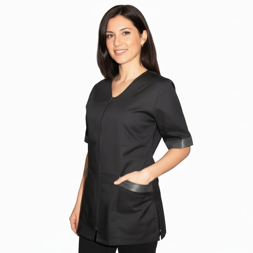 Casacca da Lavoro Donna Zip Nera Mezza Manica con Inserto Laminato – COD: 2806