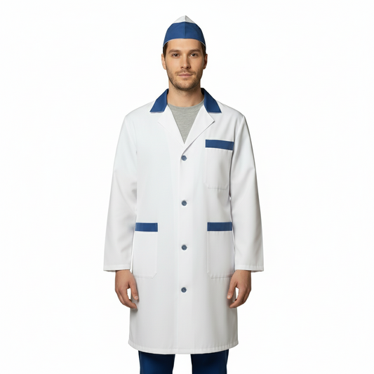 Camice da Lavoro Uomo Bianco con Profilo Blu Royal, Bottoni, Cotone Made in Italy – COD: 7970