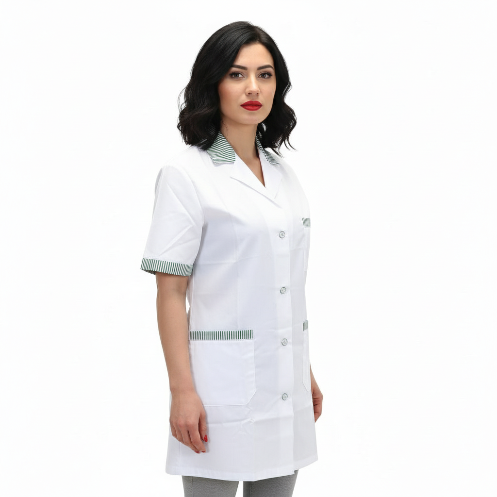 camice da lavoro,casacca donna bianco profilo verde MM corto cod: 7241