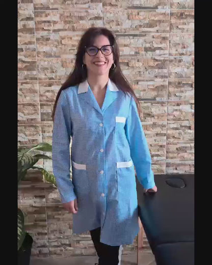 camice da lavoro donna,lungo quadretto azzurro ML cod: 200524