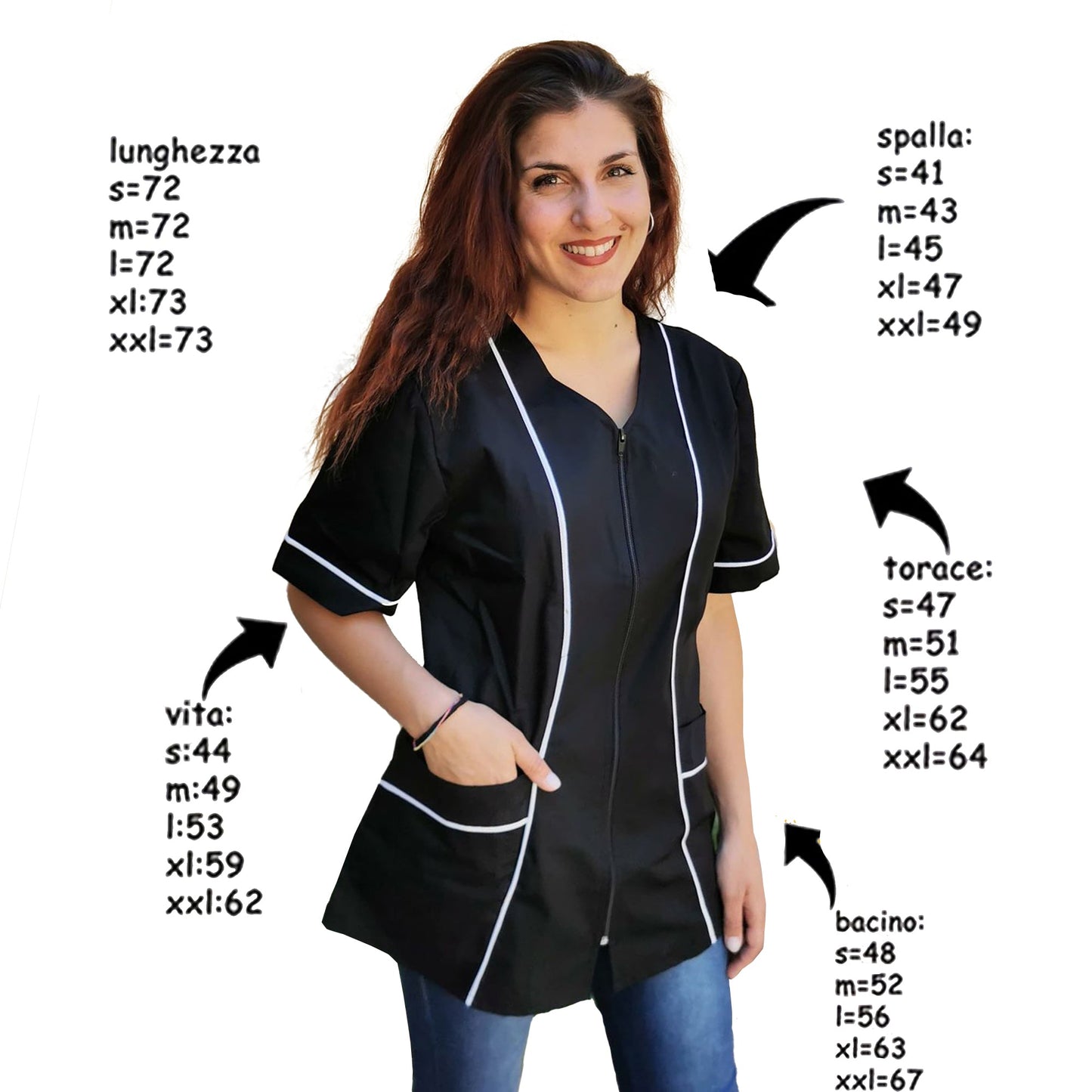 Camice da lavoro donna,con zip, nero inserto bianco modello "piera" Cod:2906